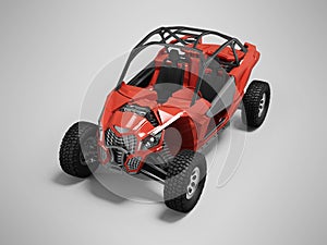 3d illustration perspective view of red rally car on gray background with shadow
