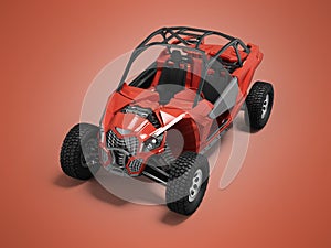 3d illustration perspective view of red rally car on red background with shadow