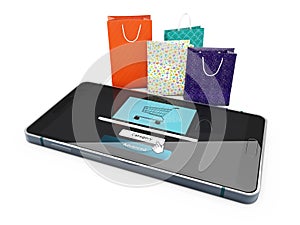 3d Illustration of phone and bags. e-commerce concept