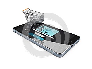 3d Illustration of phone and cart, e-commerce concept