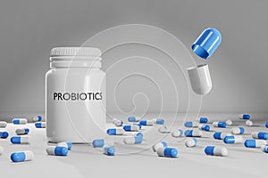 3D illustration of pills with probiotics for gut health, medical and health care concept with one capsule open and copy space