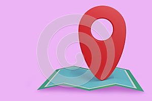 3D illustration pink background,red location symbol pin icon on map,navigation sign isoladed on background