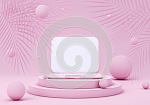 3d illustration with pink laptop on pedestal. Notebook computer design concept