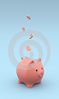 3D illustration of pink piggy bank on blue background with coins falling into slot