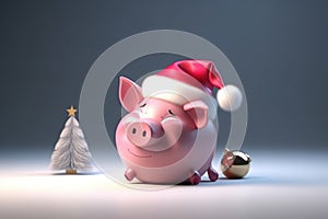 3d illustration pink piggy bank with christmas santa hat, AI