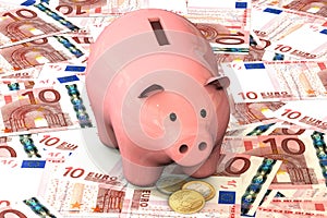 3d illustration: Pink piggy bank with copper coin cents lie on the background of banknote ten Euro, European Union. Money. Banking