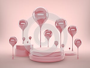 3D illustration of pink podium stand with balloons for product showcase, work path or clipping path included