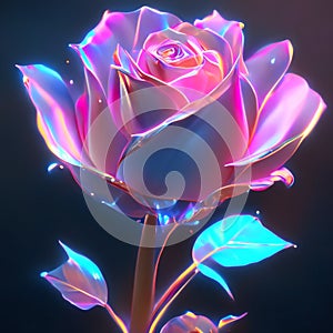 3D illustration of a pink rose with blue and violet lights. generative AI