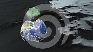 3D illustration of Planet Earth globe floating over ocean water with a tree at the top
