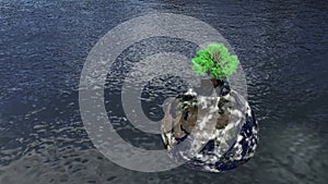 3D illustration of Planet Earth globe floating over ocean water with a tree at the top