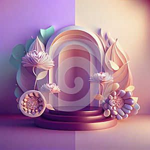 3d illustration of podium for display product with flowers