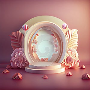 3d illustration of podium for display product with flowers