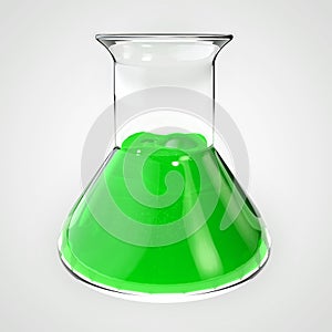 3d illustration of poison flask, vial, tube, potion. Bottle filled with green liquid.