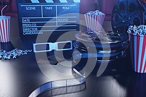 3D illustration with popcorn, cinema reel, clapperboard and two tickets with blue light. Concept cinema hall and theater