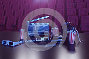 3D illustration of popcorn, drinks, clapperboard, filmstrip and two tickets. Cinema concept wtih blue light. Red chairs