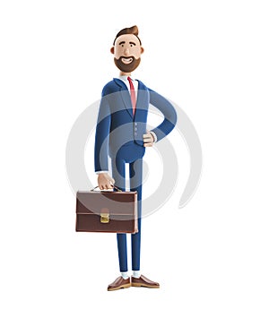 3d illustration. Portrait of a handsome businessman Billy stand with case.