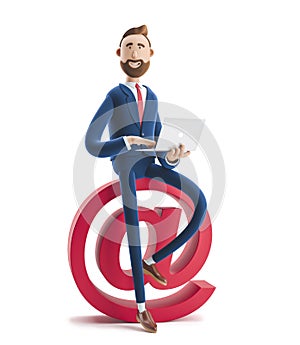 3d illustration. Portrait of a handsome businessman with laptop and at sign. Social media concept.