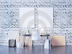 3D illustration of poster frame template, workspace mock up, background