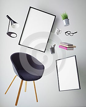 3D illustration of poster frames template, workspace mock up,