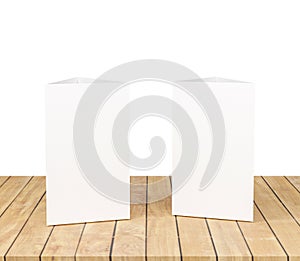 3d illustration Promotional table talker isolated on wooden table white background with clipping path, mockup