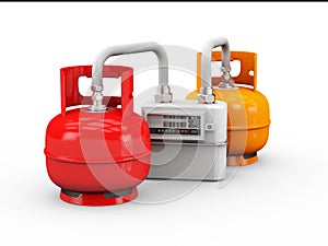 3d illustration of propane cylinders with gas meter isolated white