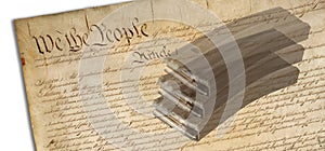 3D illustration with the public domain image of the United States constitution with AR-15 magazines ghosted on top