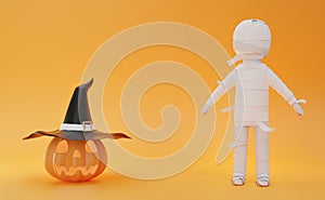 3D illustration pumpkin and mummy isolated on orange background