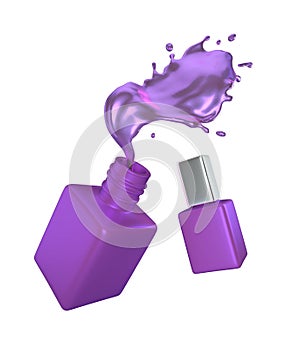 3D illustration of purple cosmetic bottles with splash isolated on white background, work path or clipping path included