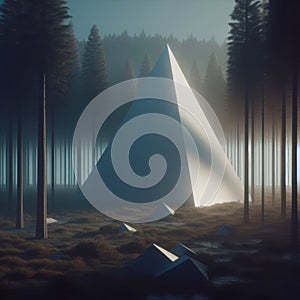 3d illustration of a pyramid in a dark forest with fog