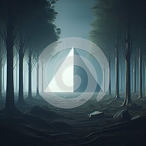 3d illustration of a pyramid in a dark forest with fog