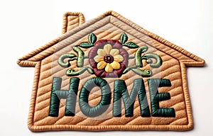 3d illustration of quilted home embroidered house home shape design mat featuring a flower design and word text