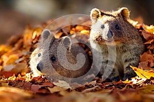3d illustration of quokkas playing in the autumn forest Generative AI illustration