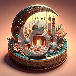 3D illustration of Ramadan Kareem background with mosque, moonlight, lantern and rosary