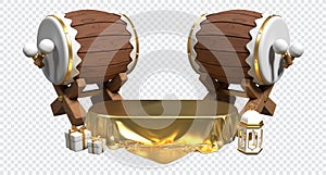 3D illustration of ramadan kareem with empty podium, traditional drum, arabic lantern, and gift box. 3D rendering