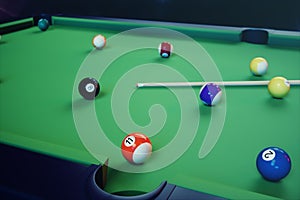 3D illustration recreation sport. Billiards balls with cue on green billiards table. Billiard sport concept. Pool