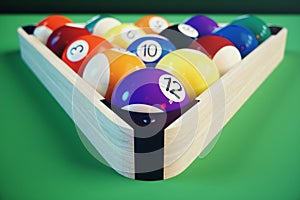 3D illustration recreation sport. Billiards balls with on green billiards table. Billiard sport concept. Pool billiard