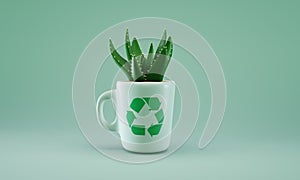 3D Illustration, recycled mug used as pot for succulent house plant