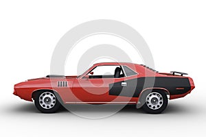 3D illustration of a red and black retro American sports car isolated on white