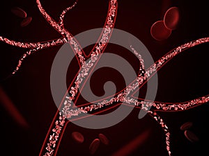 3d Illustration of red blood cells in vein on black background