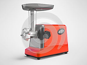 3D illustration of red electric meat grinder in the kitchen on gray background with shadow