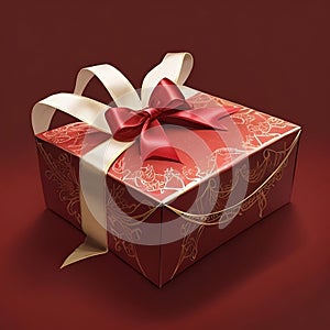 3D illustration of a red gift box wrapped with a white ribbon standing out on a red background. Perfect for birthday parties and