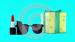 3D illustration of red lipstick, sunglasses and giftbox on mint background. Beauty concept.
