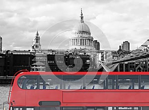 3D illustration of a red london bus and cityscape