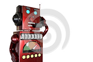 3d illustration: red metal robot in headphones with headset calls customers with annoying ads, dials the phone number randomly, sp