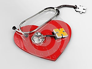 3d Illustration of Red puzzle heart with stethoscope on white background