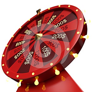 3d illustration red wheel of luck or fortune. Realistic spinning fortune wheel. Wheel fortune isolated on white