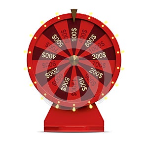 3d illustration red wheel of luck or fortune. Realistic spinning fortune wheel. Wheel fortune isolated on white