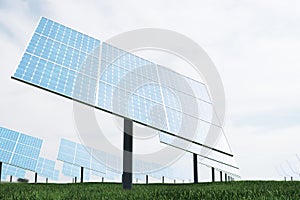 3D illustration reflection of the clouds on the photovoltaic cells. Blue solar panels on grass. Concept alternative