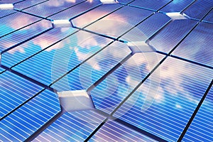 3D illustration reflection of the clouds on the photovoltaic cells. Blue solar panels on grass. Concept alternative