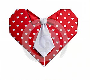 3d illustration render of a heart shape paper craft with a white tie on white background